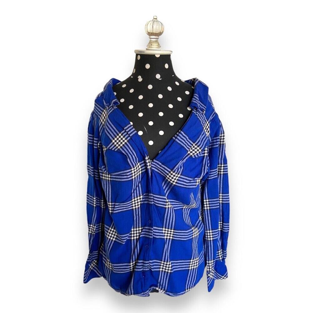 H&M Womens Blouse Sz 12 Blue Black White Plaid Flannel Off Shoulder Shirt